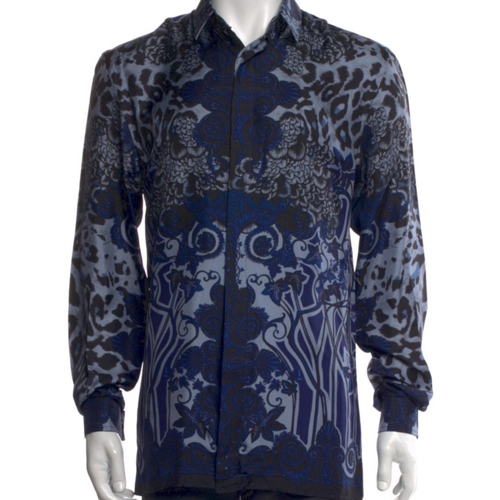 Versace Collection Blue and Black Patterned Silk Shirt
